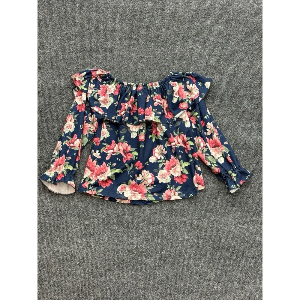Marie Nicole Girls Small Floral Peasant Top Boutique Ruffle Long Sleeve Navy